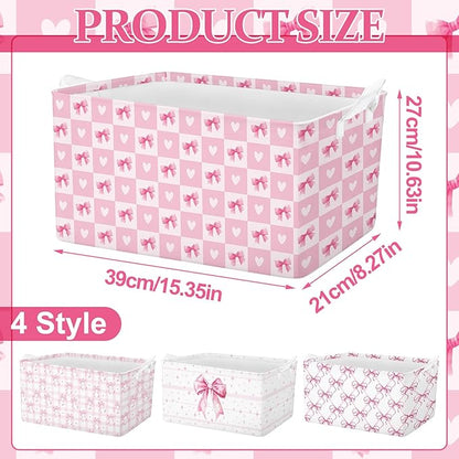 4 Pcs Pink Bow Storage Basket for Gifts Collapsible Girls Coqutte Pink Storage Bins with Handle Cute Preppy Foldable Laundry Organizer for Home Bathroom Bedrooms Baby Clothes Toys Books