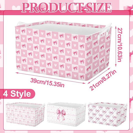 4 Pcs Pink Bow Storage Basket for Gifts Collapsible Girls Coqutte Pink Storage Bins with Handle Cute Preppy Foldable Laundry Organizer for Home Bathroom Bedrooms Baby Clothes Toys Books