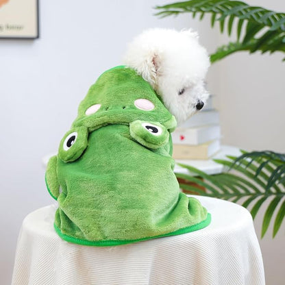 Dog Bathrobe with Hood Super Absorbent Soft Quick Drying Towel Wrap Adjustable Puppy Cat Bath Robe Towel for Cold Weather Beach Pool (Green Frog, Medium)