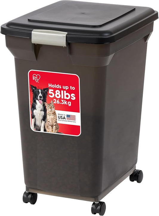 IRIS USA Dog Food Storage Container 58 lbs, Attachable Wheels, for Dog Cat Birds and other Pets, Food Storage Bin, Keep Fresh, Easy Mobility, BPA Free - Made in the USA, Black