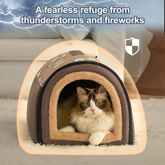 Jiupety Indoor Dog House, 2 in 1 Portable Foldable House Bed with Cover, Pet Tent & Cave Bed for Cats and Small Dogs, M(17"×14"×13"), Up to 9 Lb, Brown