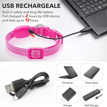 Illumifun LED Dog Collar, USB Rechargeable Light Up Collars, Adjustable Safety Collar Light for Small Dogs Cats Glow in The Dark (Pink, X-Small)