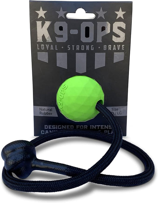 K9 Ops Dog Ball on a Rope Moki Tug Toy - Solid Rubber Fetch Training Reward - Large Dogs Tugs Durable Aggressive Chewers (Envy Green, MD/LG)