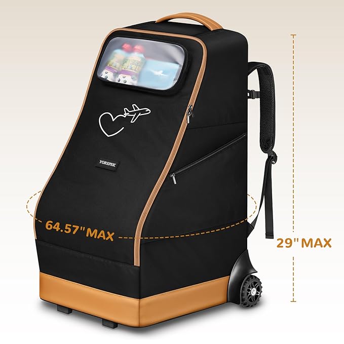 YOREPEK Rolling Car Seat Travel Bag for Airplane, Padded Car Seat Backpack with Large Wheels, Foldable Gate Check Carseat Bags for Air Travel, Clear Pocket for Baby Travel Essentials