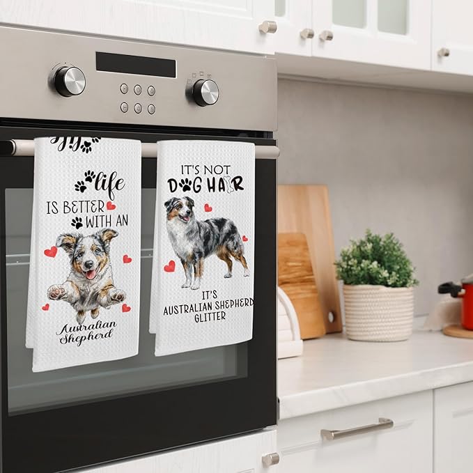 Australian Shepherd Gifts Kitchen Towels Set of 2, Funny Dog Hand Towels for Kitchen Bathroom Decor, for Women Dog Lovers Moms Owners Dishcloths Dish Towel 16X24 Inches