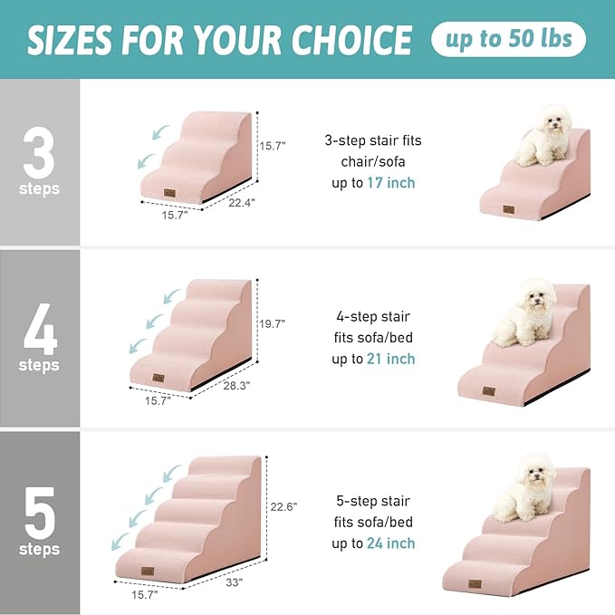 Dog Stairs for Small Dogs 19.7" H, Curved Dog Step for Puppy, Older or Cat, Medium Pet Ramp for Sofa, Couch or Bed, Ladder with High Density Foam, 4 Step, 15.7x28.3x19.7 inch, Pink