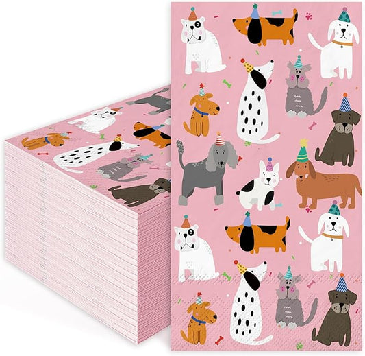 JarThenaAMCS 100Pcs Dog Guest Napkins Pink Disposable Napkins Cute Puppy Dinner Paper Hand Towels for Pet Animal Party Table Bathroom Decor