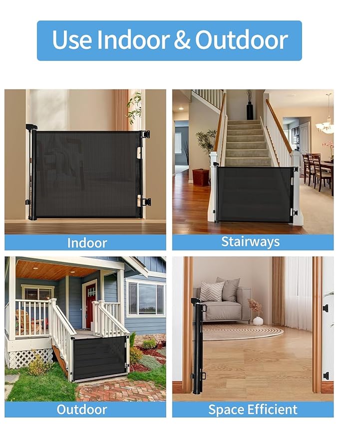 Retractable Baby Gate for Doorways and Stairs, Mesh Safety Gate for Pet, Indoor & Outdoor Use, One-Hand Operation, Easy Installation, 33.6" Tall, Expands to 55" Wide（Black,33.6"x55")