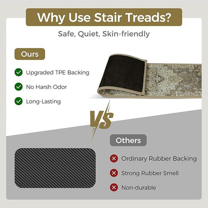 Non Slip Stair Treads for Wooden Steps 15PCS - 8"x30" Indoor Safety Carpet, Edging Mats with TPE Adhesive Backing, Pet and Elderly Friendly Stair Rugs (Sage)