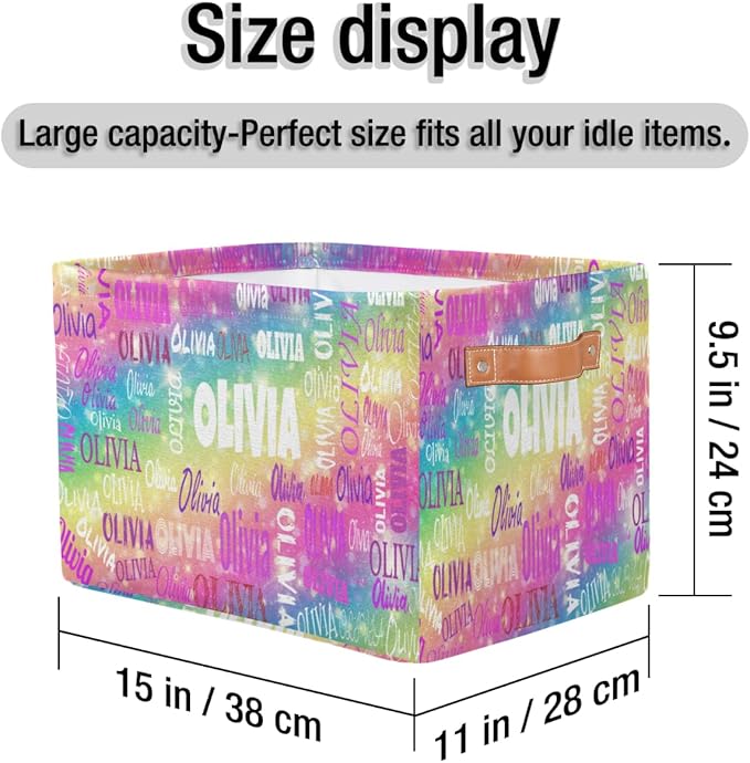 Personalized Name Storage Basket with Handles, Canvas Storage Bins Toys Clothes Organizer for Bedroom, Kitchen, Bathroom, Nursery, Shelves, Closets, Gradient Colorful Pink Yellow Green with Stars
