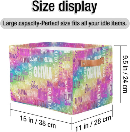 Personalized Name Storage Basket with Handles, Canvas Storage Bins Toys Clothes Organizer for Bedroom, Kitchen, Bathroom, Nursery, Shelves, Closets, Gradient Colorful Pink Yellow Green with Stars