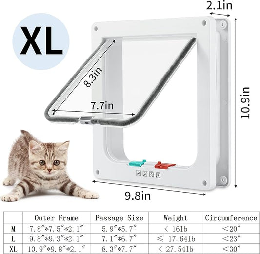 Cat Door for Interior Exterior Door (Outer Size 10.9" x 9.8"), 4-Way Locking Flap for Cats & Dogs(Circumference < 30"), Weatherproof Pet Door, White, ABS Material (XL)