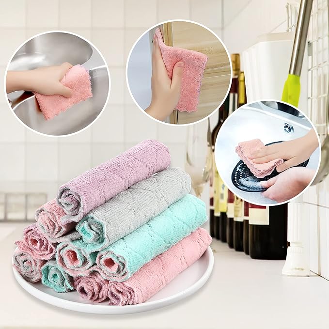 10Pack Kitchen Cloth Dish Towels,Super Absorbent Coral Velvet Dishtowels,Nonstick Oil Washable Fast Drying,Double-Sided Dish Towel,Used for Table Dish Glass Pet Paw（5Colors）