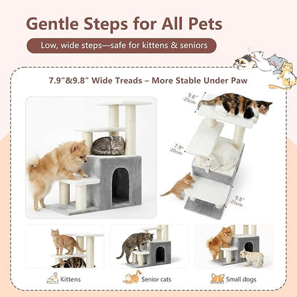 Heybly Pet Stairs for Cats, 29.5 inch High Dog Steps for Small Doggie Rabbits, 9.8''Depth Cat Stairs, Indoor Cat Ladders for High Bed for Pet's Joints, 1 Condo Cave, 6 Sisal Scratcher HSP002SWWH