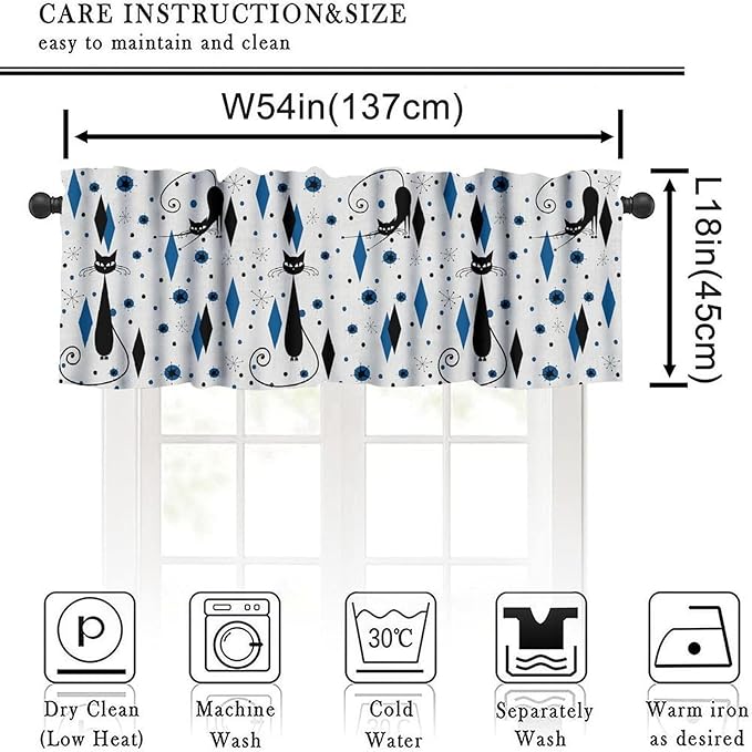 Mid Century Black Cat Valance Curtains, Retro Atomic Starburst Vintage Modern Abstract Geometric Pattern 1950s Window Curtain Valance for Bedroom Living Room 54x18inch