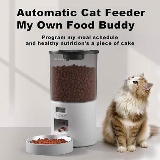 4.2L Automatic Cat Feeder,6 Meals/Day,Dual Power,Dry Pet Food Autofeeder Portion Control,Timer Setting,10S Voice Record (Transparent White, Stainless Steel Bowl)