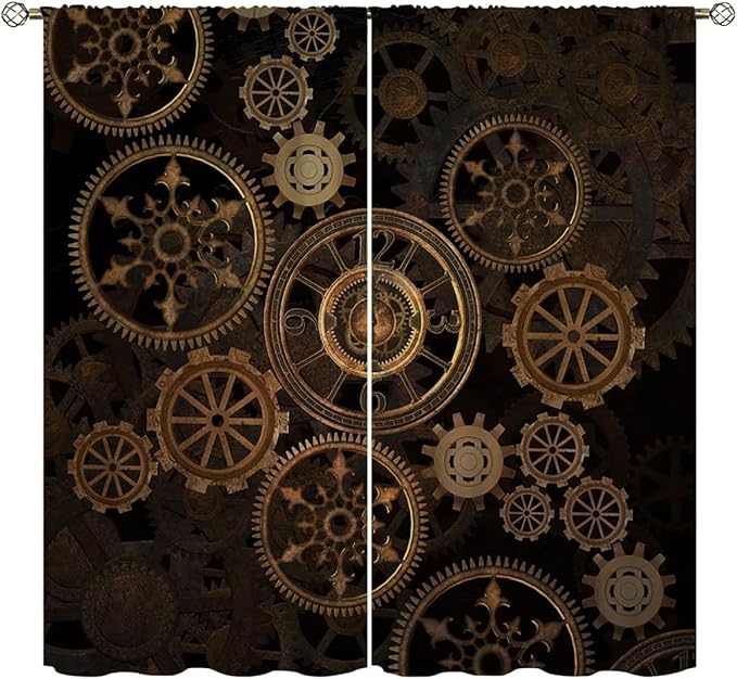 Steampunk Blackout Curtains for Home Decor,Steam Punk Gears Background Rod Pocket Thermal Insulated Drapes Darkening Window Curtain for Girls Boy Bedroom Living Room 72 x 63 Inch