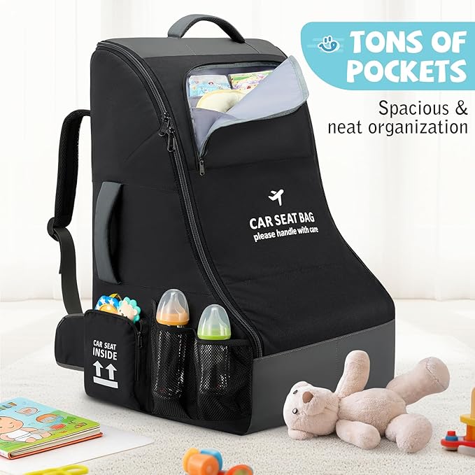 RAINSMORE Car Seat Travel Bag for Airplane Padded Car Seat Backpack Heavy-duty Car Seat Cover for Air Travel Gate Check Carseat Carrier Bags for Airport Fits Infant Carriers & Boosters
