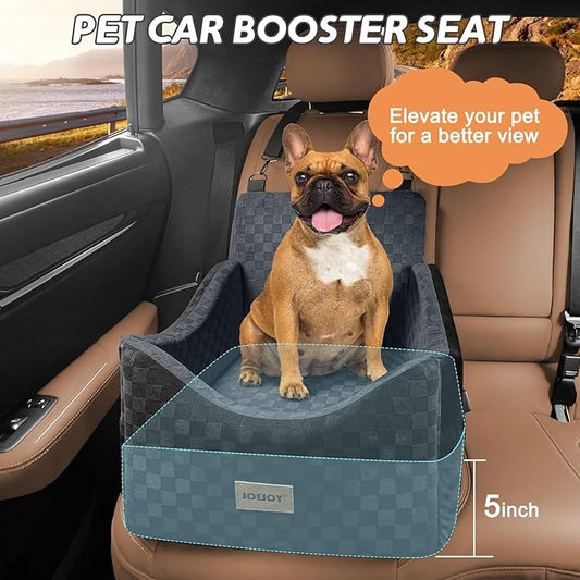 JOEJOY Elevated Dog Car Seat for Small/Medium Dogs up to 35 lbs, Memory Foam Booster Seat with Detachable Washable Cover, Travel-Safe Car Bed with Safety Belts & Storage Pockets, Dark Grey