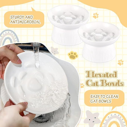 Layhit 2 Pack Raised Slow Feeder Cat Bowls Ceramic Elevated Cat Food Bowls Anti Vomiting Slow Feeder for Dog and Kitten for Dry and Wet Food(White)