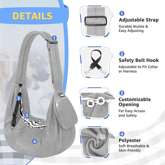 SlowTon Dog Carrier Sling - Thick Padded Shoulder Strap Adjustable Dog Carriers for Small Dogs, Puppy Carrier Purse for Pet Cat with Front Zipper Pocket Safety Belt Machine Washable (GY, L)