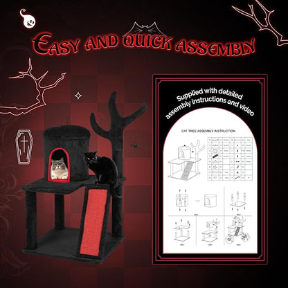 VINGLI 41.8in Gothic Cat Tree, Halloween Cat Tower for Indoor Cats with Dome Cat Condo, Branch Shaped Sisal Scratching Post, Ladder Scratcher & Hanging Spider Toy, Red & Black Cat Furniture