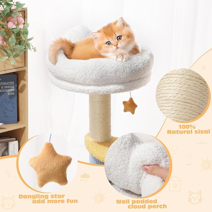 Cat Tree with Sisal Scratching Posts Cat Tower with Hammock Cute Cat Condo for Small Indoor Cats with Comfy Cat Bed and Perch