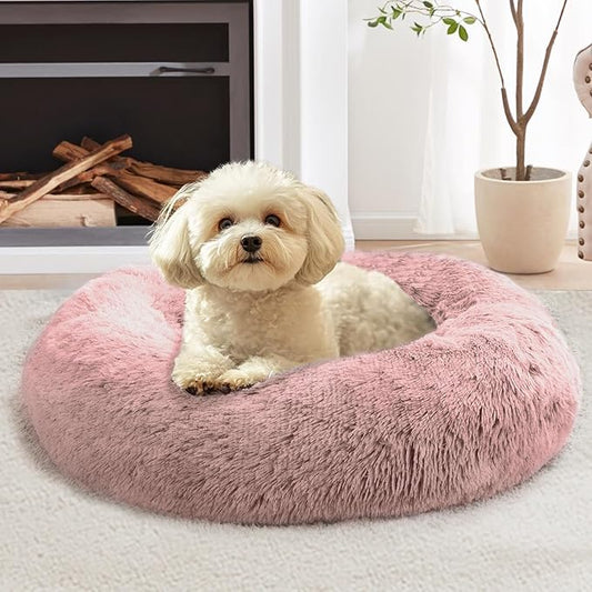 JOLLYVOGUE Calming Dog Beds Large Sized Dog, 36in Donut Washable Large Pet Bed, Anti-Slip & Anti-Anxiety Fluffy Faux Fur Round Dogs Bed, Fits up to 80 lbs Pets (Dark Pink)