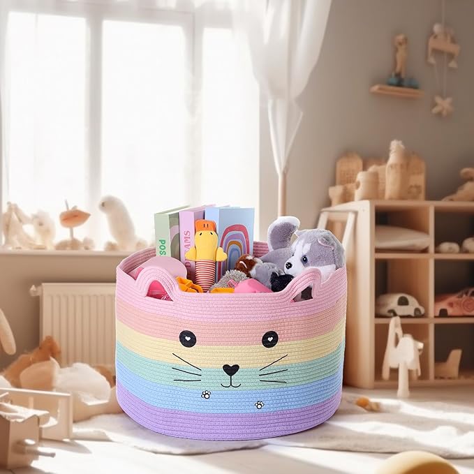 Zopeal Cat Basket Storage Woven Organizer with Ears Easter Decorative Pet Toy Cute Cotton Rope Basket for Gift Cat Dog Toy Bin Nursery Room(21.7 x 13.8 Inch,Macaron Color)