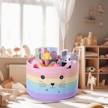 Zopeal Cat Basket Storage Woven Organizer with Ears Easter Decorative Pet Toy Cute Cotton Rope Basket for Gift Cat Dog Toy Bin Nursery Room(21.7 x 13.8 Inch,Macaron Color)