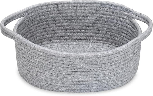 ABenkle Small Basket, 12"x 8" x 5" Cute Small Woven Basket, Rope Room Shelf Storage Basket, Cat Dog Toys Basket Chest Box, Decorative Empty Gift Basket with Handles - All Gray