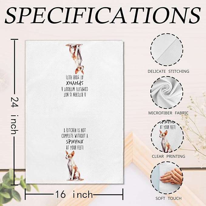 Funny Sphynx Cat Gifts Kitchen Towels, Cat Lover Gifts for Women, Funny Hand Towels for Bathroom Decor, A Kitchen is Not Complete Without A Sphynx Dishcloths Dish Towel forKitchen 16x24 Inches
