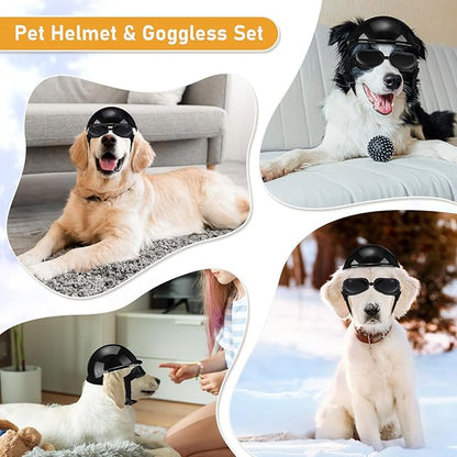 Frienda Dog Helmet and Goggles, UV Protection Doggy Sunglasses and 4 Inch Padded Puppy Motorcycle Helmet Adorable Dog Goggles with Adjustable Belt for Small Dogs Puppy Riding(Black,L)
