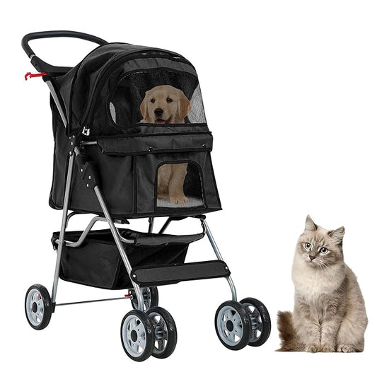 Pet Stroller for Small Medium Dogs & Cats, 4-Wheel Breathable Compact Foldable Dog Carrier with Storage Basket, Outdoor Portable Lightweight Travel Stroller for Camping,Black