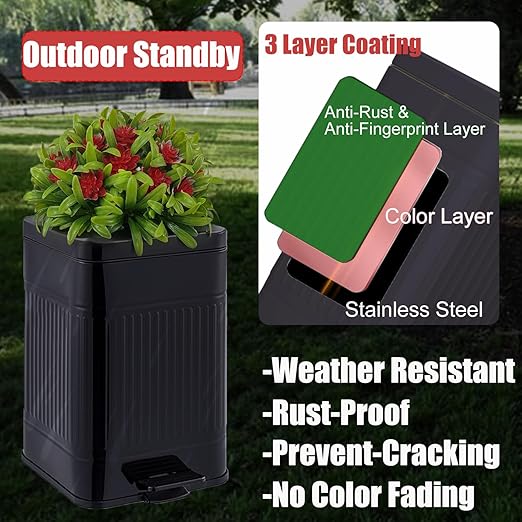Metal Dog Poop Trash Can Outside - Small Outdoor Garbage Can with Pedal - Stainless Steel Dog Waste Container with Lid - Decorative Trash Bin (Faux Plant) - Hidden Trash Bucket - Black & Flower