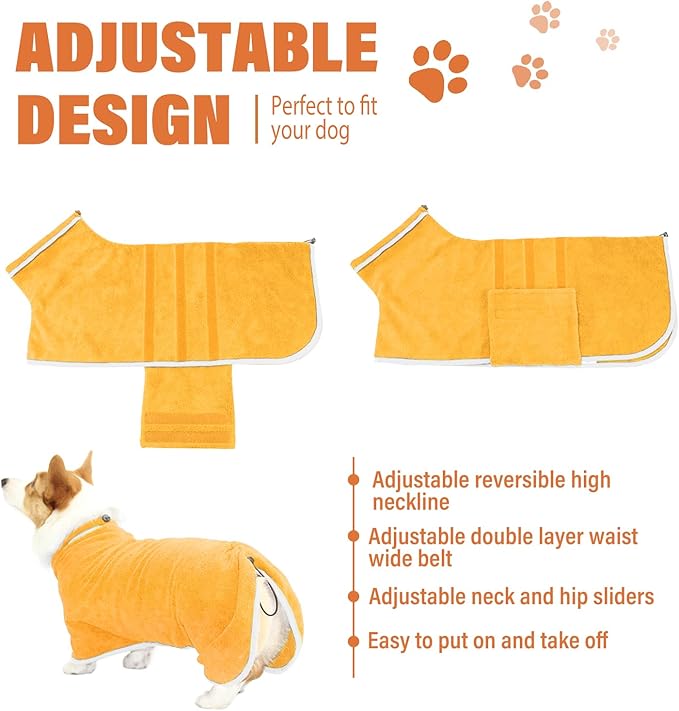 Dog Robe - Fast Drying Towel - Microfiber Super Absorbent Pet Bathrobe, Adjustable Collar & Belly Strap (Yellow, X-Large)