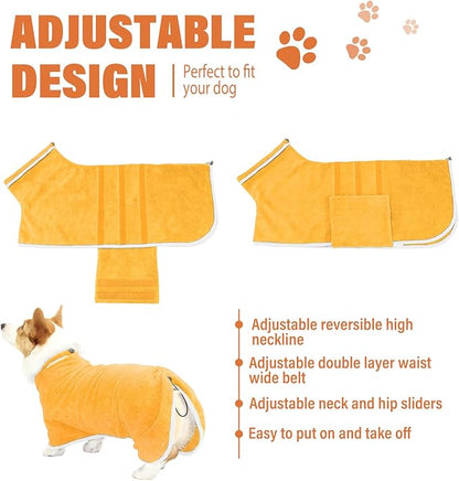 Dog Robe - Fast Drying Towel - Microfiber Super Absorbent Pet Bathrobe, Adjustable Collar & Belly Strap (Yellow, X-Large)