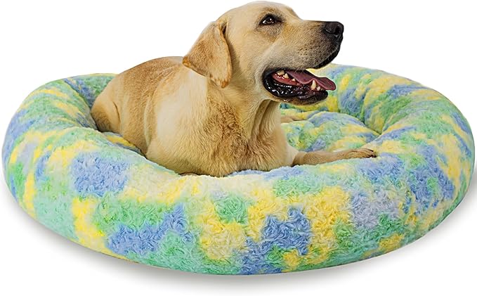 Calming Dog Bed for Big Dogs, 39'' Round Anti-Anxiety Warm Fluffy Plush Faux Fur Bed, Soft Anti-Slip Donut Washable Big Pet Bed, Cozy Big Dogs Bed, Fits up to 100 lbs Pets