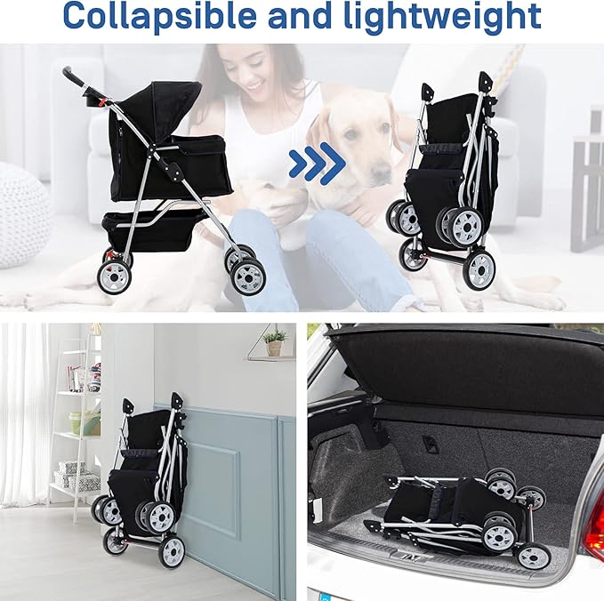 Best 4 Wheels Pet Stroller for Dog & Cat, Lightweight and Foldable Dog Jogger Stroller W/Cup Holders for Small & Medium Pets - Black