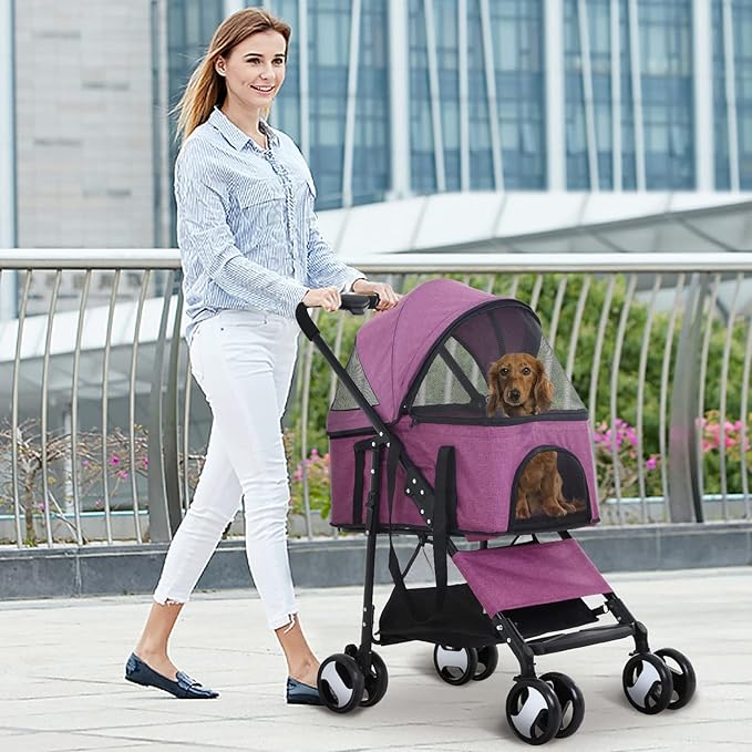 Pet Stroller 3-in-1 Folding Dog Cat Strollers for Medium Small Dogs Cats 4 Wheels Lightweight Travel Dog Strollers Cat Stroller with Detachable Carrier, Purple