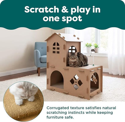 FurHaven Townhouse Multi-Level Cardboard Cat House for Indoor Cats with Catnip & Toys, Double-Walled Corrugated Scratcher Designed for Lounging, Play & Comfort, One Size, Cardboard, Brown
