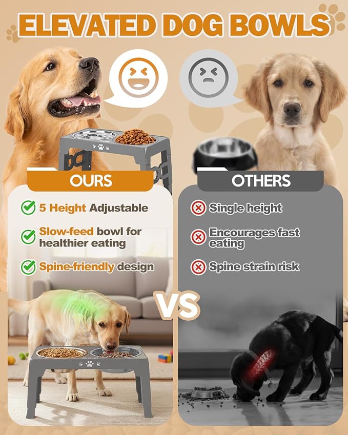 Elevated Dog Bowls, Non-Slip Dog Feeder with 1*Stainless Steel Dishes & 1*Slow Feeder Bowl, 5 Heights Adjustable Raised Bowls for 3.15″-8.66″-9.84″-11.02″-12.2″