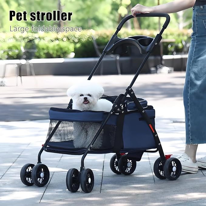 Pet Stroller 4 Wheels Dog Cat Stroller,Outdoor Trave Pet Folding Stroller,Foldable Dog Cat Cage Jogger Stroller with Cup Holder,Breathable and Visible Mesh for Medium Dogs Cats Grey