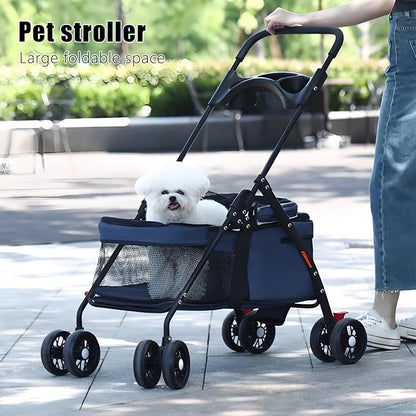 Pet Stroller 4 Wheels Dog Cat Stroller,Outdoor Trave Pet Folding Stroller,Foldable Dog Cat Cage Jogger Stroller with Cup Holder,Breathable and Visible Mesh for Medium Dogs Cats Blue