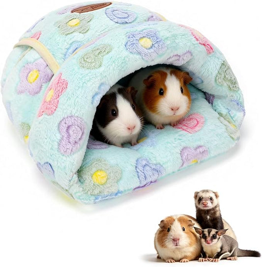 YUEPET Guinea Pig Bed Cuddle Cave Warm Fleece Cozy House Bedding Sleeping Cushion Cage Nest for Small Animal Squirrel Chinchilla Hedgehog Cage Accessories(Green Flower