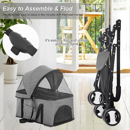 BestPet 3-Wheels Pet Stroller - Dog & Cat Premium 3-in-1 Multifunction Detachable Carrier Lightweight Folding Travel Stroller, Grey