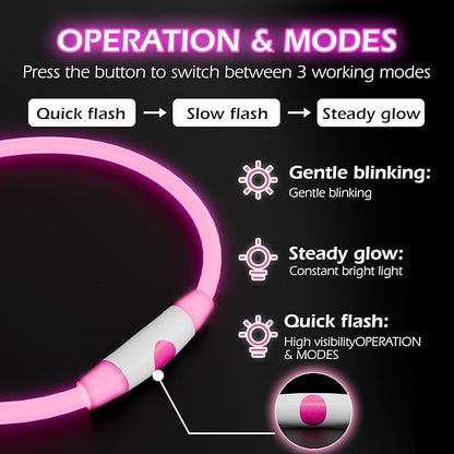 Rechargeable Reflective Pet Gear LED Dog Collar Light Up, Flashing Glowing Illuminated Collar for Night Walking, Neon Pet Collar with Light for Small/Medium/Large Dogs (Pink, 1-Pack)