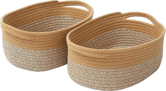 Woven Basket,Small Rope Storage Bin with Handles & Ribbon Bag, Organizer for Shelves Closets,Gift Basket Empty for Birthday,Books,Dog Toys, Jute&Brown/2 Pack