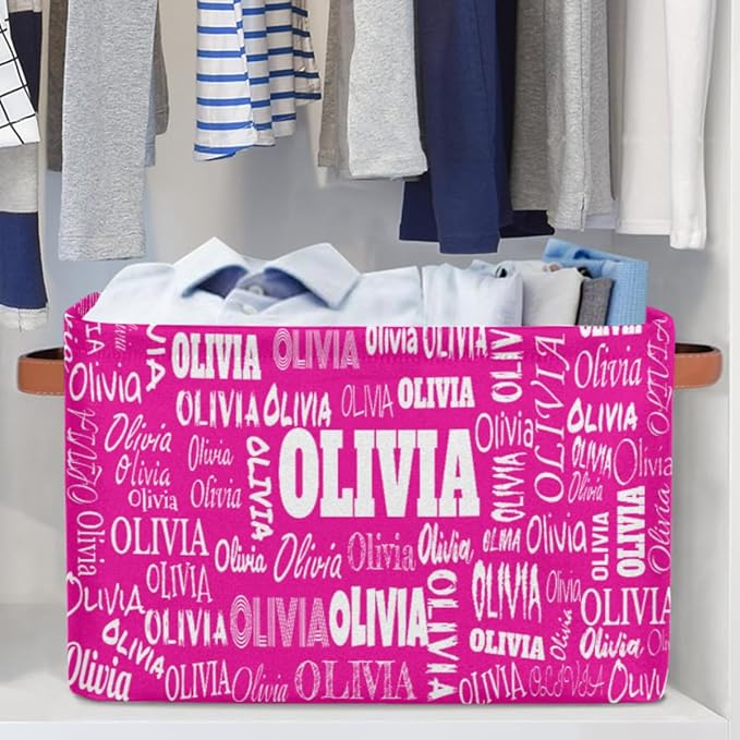 Personalized Foldable Storage Basket with Name, Laundry Hamper Dirty Clothes Pet Toys Storage Bin with Handles for Shelf Home Closet Kitchen, Deep Pink Color
