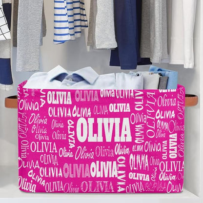 Personalized Foldable Storage Basket with Name, Laundry Hamper Dirty Clothes Pet Toys Storage Bin with Handles for Shelf Home Closet Kitchen, Deep Pink Color